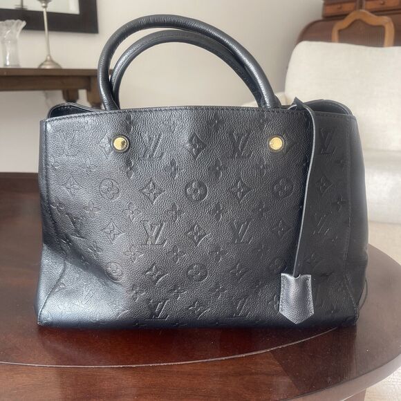 LOUIS VUITTON Monogram Black Leather MM Hand Bag Lock Strap Dust Bag - Picture 1 of 16